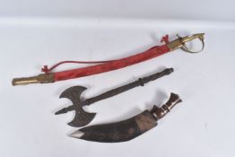 A KUKRI STYLE KNIFE, AN INDIAN SWORD AND A HEAVY MEDIEVAL STYLE AXE, the Kukri comes in a sheaf that