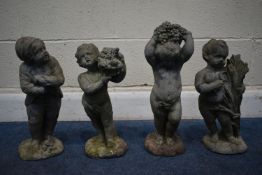A SET OF FOUR LEAD GARDEN ORNAMENTS DEPICTING PUTTI, representing the four seasons, max height 44cm,