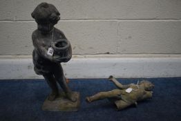 A LEAD GARDEN ORNAMENT DEPICTING PUTTI HOLDING A BUCKET, height 51cm, total weight 21.4kg, along