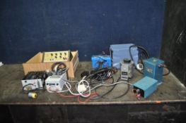 A COLLECTION OF ELECTRICAL REGULATORS, power supplies and transformers including two Farnell