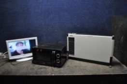 A PANASONIC TX-L19C20BW 19in TV with remote, a Tower Microwave and a DeLonghi heater (all three
