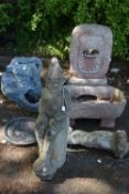 A SELECTION OF CONCRETE GARDEN ITEMS, to include a water feature, in the form of three cascading
