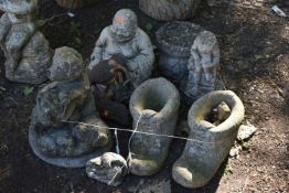 A SELECTION OF WEATHERED GARDEN ORNAMENTS, to include a dog and puppies figure, Buddha, pair of
