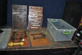A BOX CONTAINING CARDED DISPLAYS OF VINTAGE SPANNERS AND TOOLS makers include BSA, Austin, Bamfords,