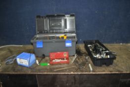 A TOOLBOX CONTAINING AUTOMOTIVE TOOLS, including spanners, sockets, rachets, by King Dick, Halfords,