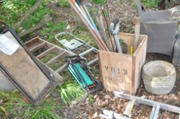 A COLLECTION OF GARDEN TOOLS, including a round concrete planter, two step ladders, a kneeler,