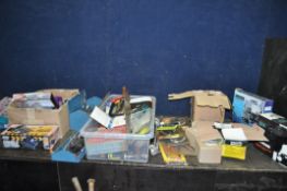 A COLLECTION OF TOOLS, including a toolbox containing electricians tools, a metal toolbox containing