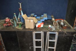 A COLLECTION OF AUTOMOTIVE TOOLS AND PARTS, including, a trolley jacks, spanners, sockets,
