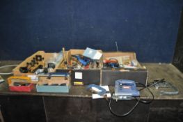THREE TRAYS CONTAINING TOOLS, including a Clarke jigsaw, a Minicraft rotary tool with lathe