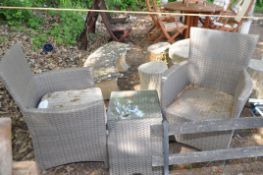 A HARTMAN RATTAN EFFECT GARDEN SET, with two chairs and a glass topped coffee table (3) Condition