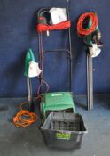 A QUALCAST LAWN RAKER 32, with grass box, a Bosch AHS 70-34 electric hedge trimmer, and a Bosch