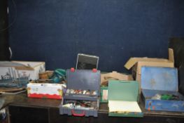 FIVE TRAYS CONTAINING TOOLS, including a Hitachi angle grinder, a Black and Decker circular saw, a