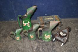 A GRADUATED SET OF FOUR MID 20th CENTURY 'CASTROL' OIL JUGS, a Davenset battery tester with a