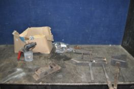 A COLLECTION OF VINTAGE WOODEN CARPENTRY TOOLS, including a steel footed 10in plane stamped W.