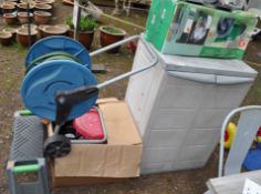 A SMALL PLASTIC GARDEN STORAGE CUPBOARD, width 65cm, depth 45cm, height 90cm, along with a garden