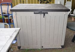 A MODERN SACK TRUCK, with large foam rubber wheels, and a Keter plastic garden storage cupboard