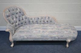 FURNISHINGS ITALIA, A CHAISE LOUNGE, with a buttoned backrest, and geometric upholstery, length