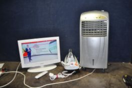 A SAMSUNG LE22A455C1D 22in TV, with remote, an Airforce air cooler and a Morphy Richards Steam
