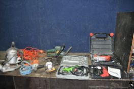 A COLLECTION OF POWER TOOLS, including an Exakt cut off saw, a Black and Decker jigsaw and hedge