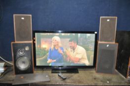 A PANASONIC TX-P42X60B 42in TV with remote (PAT pass and working), a pair of Sony SS-5088, and a