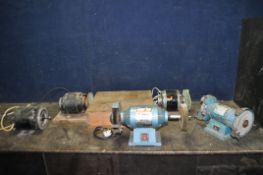 A CLARKE 6in BENCH GRINDER, fitted with a wire wheel and a polishing mop, a Wolf bench grinder (no