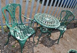 A CAST ALUMINIUM GARDEN TABLE AND TWO SIMILAR CHAIRS table diameter 61cm, Condition Report: paint