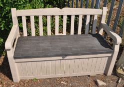 A KETER PLASTIC GARDEN BENCH with storage under seat, width 140cm, Condition report: no apparent