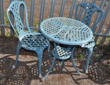A CAST ALUMINIUM GARDEN TABLE AND TWO MATCHING CHAIRS table diameter 61cm, Condition report: paint