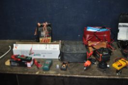 A SELECTION OF ELECTRICAL TOOLS, including an A-BF Astrion green laser level with case and remote, a