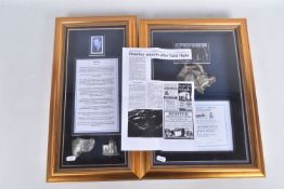 TWO FRAMED DISPLAYS OF THE REMNANTS FROM DOWNED BRITISH PLANES DURING WWII, the first frame consists