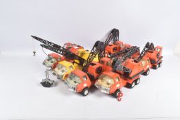 SIX MINI TONKA TOYS LORRY/TRUCK MOUNTED CRANES, all in orange livery, three appear complete and in