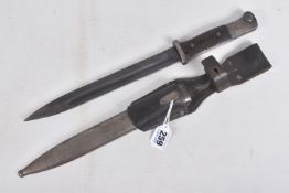A GERMAN WORLD WAR TWO ERA K98 BAYONET WITH SCABBARD AND FROG, this was made by Weyersburg and the