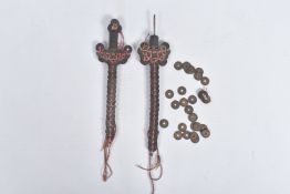 A PAIR OF DECORATIVE CHINESE MONEY DAGGERS, one of them appears to be complete but the second one