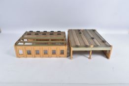 TWO CONSTRUCTED UNBOXED HORNBY DUBLO PLASTIC ENGINE SHED & EXTENSION KITS, No's.5005 & 5006, two