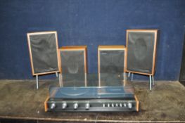A VINTAGE ELIZABETHAN MUSIC CENTRE with four speakers (two on legs) and a Garrard 6 300 turntable (