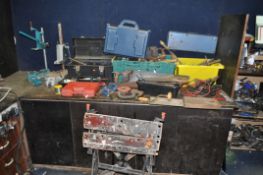 THREE BOXES AND LOOSE CONTAINING TOOLS including four Record G Clamps, a Stanley brace, a folding