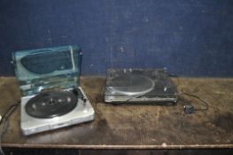A TECHNICS SL-DD33 QUARTZ TURNTABLE and a Tevion USB turntable (phono plugs missing so audio
