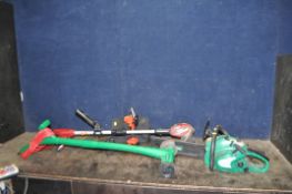 A COLLECTION OF GARDENING POWER TOOLS including a Gardenline petrol chainsaw (engine pulls freely