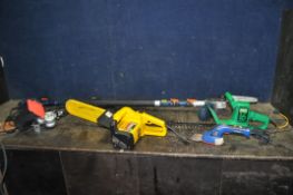 A SELECTION OF GARDENING POWER TOOLS including a Westfalia pole saw, a Coopers chainsaw sharpener (