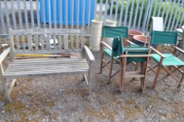 A MODERN HARDWOOD GARDEN BENCH and four directors chairs bench width 120cm. Condition Report: all