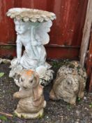 THREE MODERN GARDEN ORNAMENTS, including a resin bird bath, in the form of a fairy holding aloft a