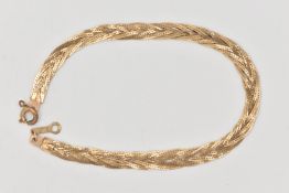A 9CT GOLD FLAT WOVEN BRACELET, fitted with a spring clasp, hallmarked 9ct Sheffield import,