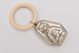 A LATE VICTORIAN/EARLY 20TH CENTURY WHITE METAL LOUIS WAIN STYLE CARICATURE CAT BABY RATTLE,