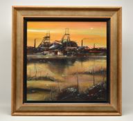 ADAM MILLEN (BRITISH CONTEMPORARY), 'ACROSS THE RIVER', an industrial landscape of winding gear at a