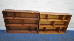 TWO MID-CENTURY TEAK SHELVING UNITS, tallest unit width 123cm x depth 26cm x height 95cm,