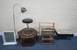 A 20TH CENTURY OAK HEXAGONAL TWO TIER TABLE, diameter 82cm x depth 42cm, a stool, a standard lamp, a