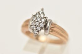 A 9CT GOLD CUBIC ZIRCONIA SET RING, of a marquise form set with colourless cubic zirconia, in a