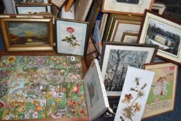 THREE BOXES AND LOOSE FRAMED PICTURES AND DECORATIONS to include a wall hanging plaque comprising