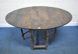 A GEORGIAN AND LATER OAK GATE LEG TABLE, open width 144cm x closed width 43cm x depth 101cm x height