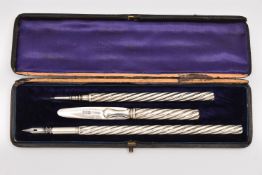 A 'SAMPSON MORDAN' THREE PIECE WRITING SET, twisted handles to all three pieces, to include a